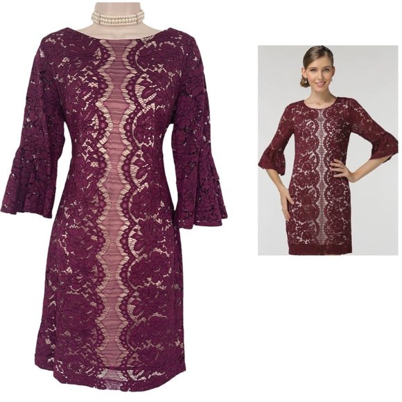 Melonie T Dresses & Skirts - Size 12 BURGUNDY WINE LACE BELL SLEEVE SHIFT SHEATH DRESS Evening Wedding Party